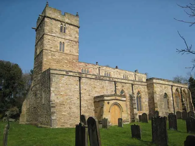 St Brandon's parish church, Brancepeth, County Durham, seen from the southwest. The church was seriously damaged by fire in 1998. The interior has been renovated rather than restored to its original state. The church was rededicated in 2005.