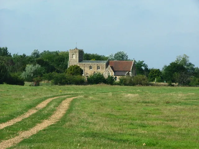 View north across a field at Little Barford, Bedfordshire, to St Denys' parish church