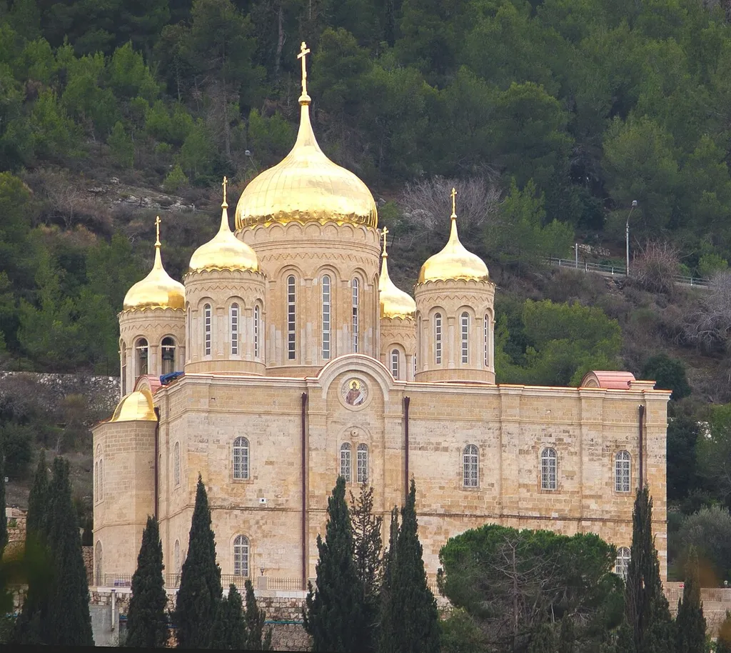 Built by the Russian Orthodox Church at the end of the 19th century, this church (originally "Gorny Monastery" — ru:Горненский монастырь (Эйн-Карем)) was nicknamed "Moskovia" (Arabic for Moscow) by the local Arab villagers, because of its tented roof similarity to other Russian churches. The monastery has two churches enclosed within a compound wall. Data from Wiki Jerusalem