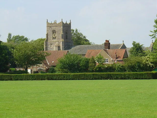St Peter &amp; St Paul Church, Scarning Picture taken from Scarning playing field, before the village hall extension was built.