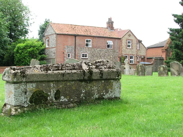 Table tomb in Necton All Saints churchyard dating from 14th century. Reputed to be the tomb of the Countess of Warwick who fell ill and died in Necton while on a pilgrimage to Walsingham. Grade II* listed.