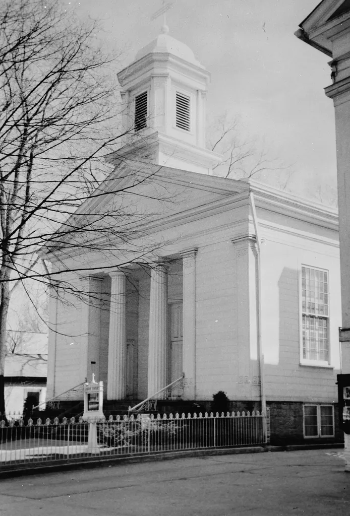 Front of St. Luke's Episcopal Church, located at 111 E. Broadway in Granville in Licking County, Ohio, United States. Built in 1837, the church is listed on the National Register of Historic Places, and it is part of a Register-listed historic district, the Granville Historic District.