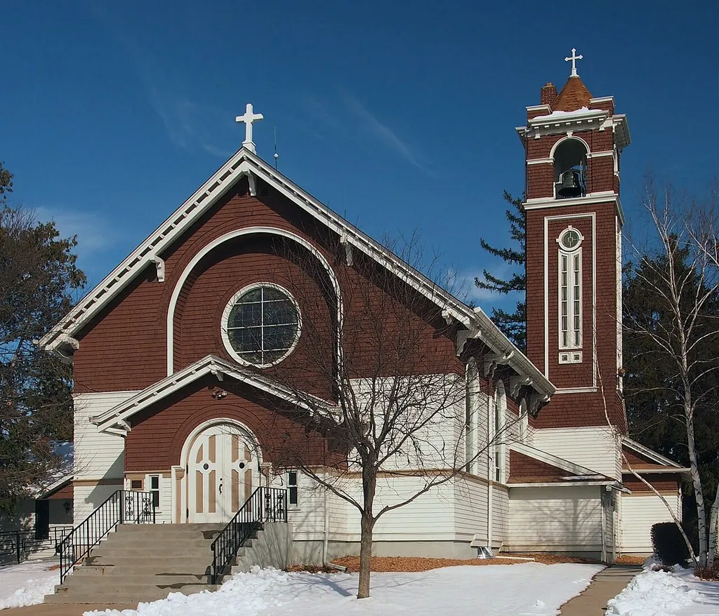 Church of the Annunciation, 4996 Hazelwood Ave, Webster Township, Minnesota, USA. Viewed from the west. This is an image of a place or building that is listed on the National Register of Historic Places in the United States of America. Its reference number is 82003033 (Wikidata).