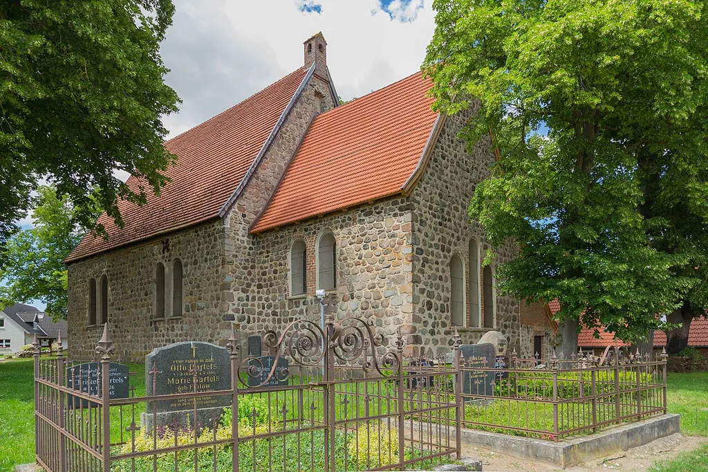 The Protestant village church of Groß Wokern, Landkreis Rostock, Mecklenburg-Western Pomerania, Germany. The church is a listed cultural heritage monument.