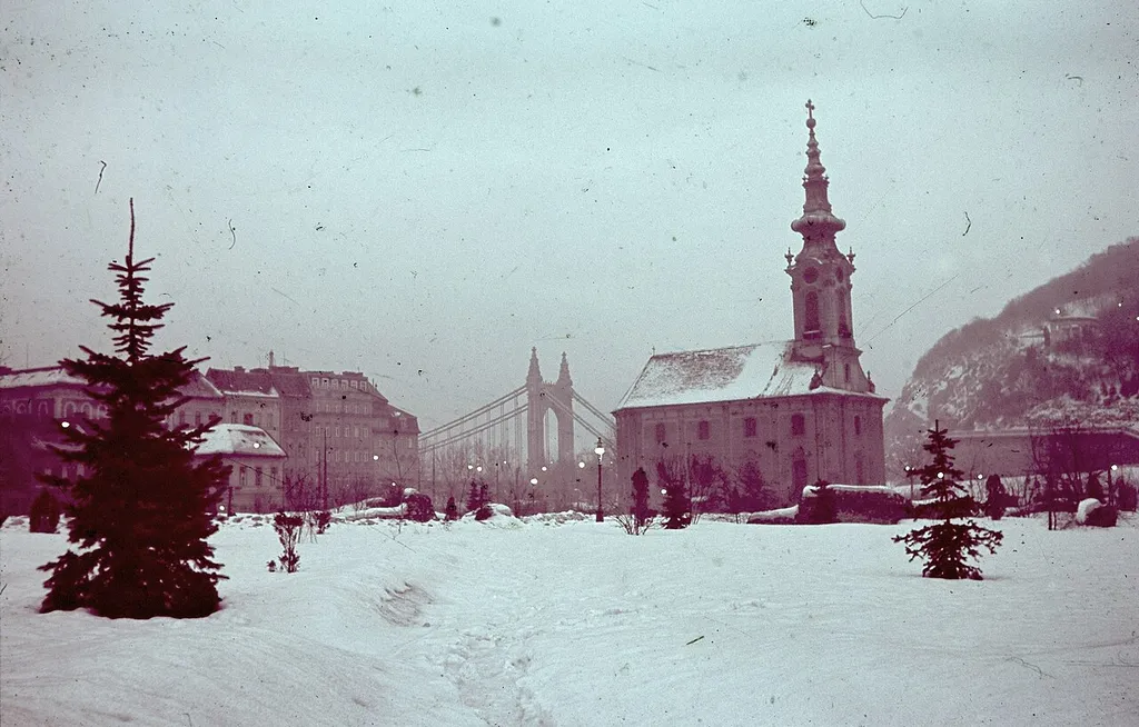 The Orthodox Cathedral of Saint Demetrius, the houses of Döbrentei tér and Erzsébet híd from Tabán Park.