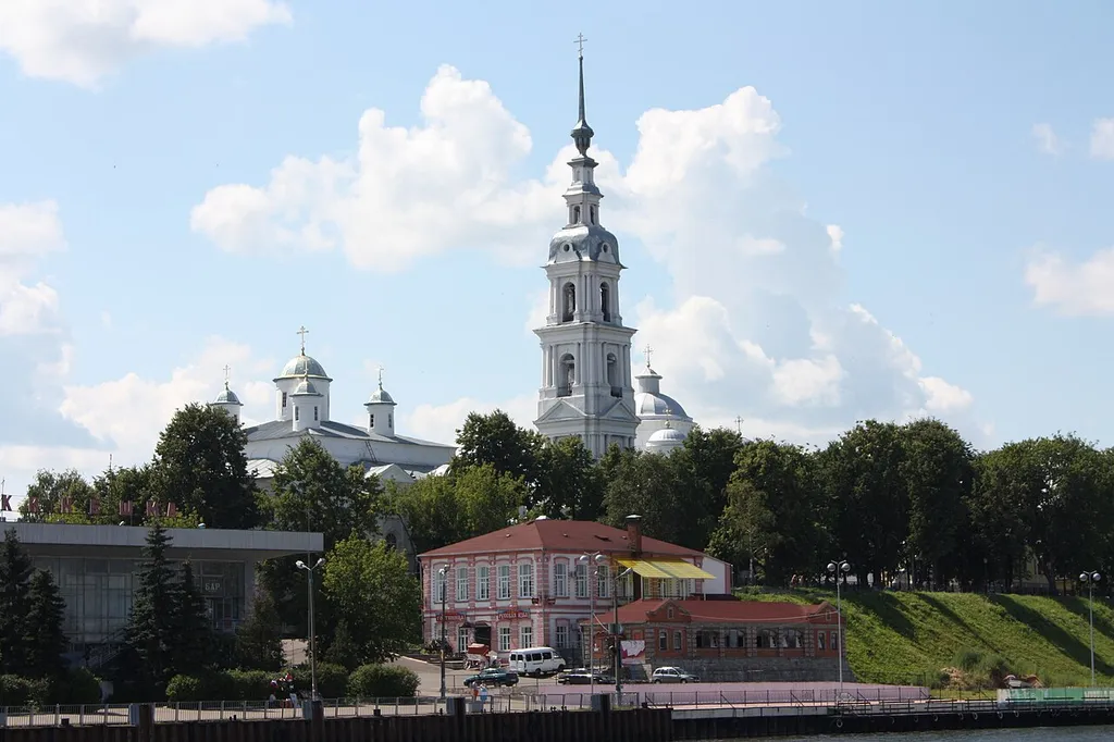 Orthodox cathedral of the Dormition in Kineshma. View from Volga river