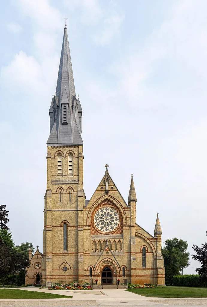 St. Patrick Church, Kinkora, Ontario, 2025-08-04; panorama of 53 frames; digitally edited to remove cables