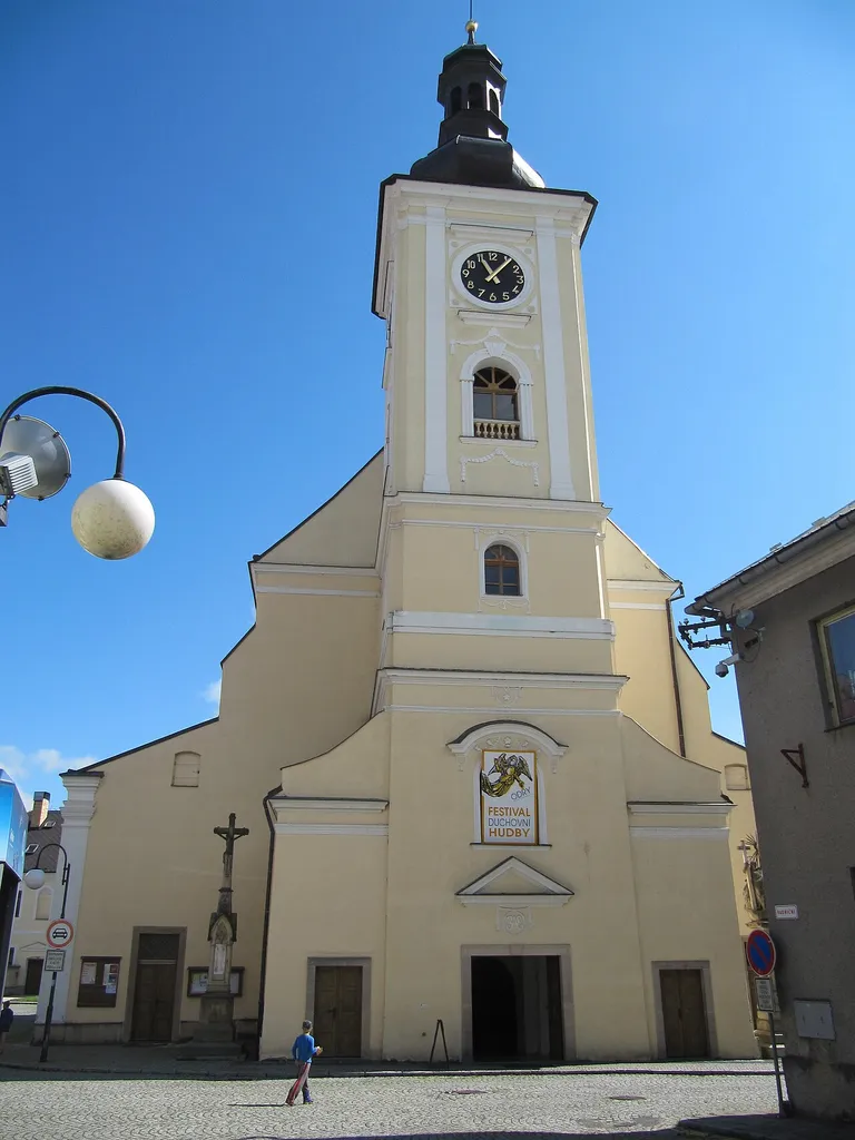 Odry in Nový Jičín District, Czech Republic. Church of St. Bartholomew from 1373, originally Gothic, rebuilt in Baroque style between 1691-1692.