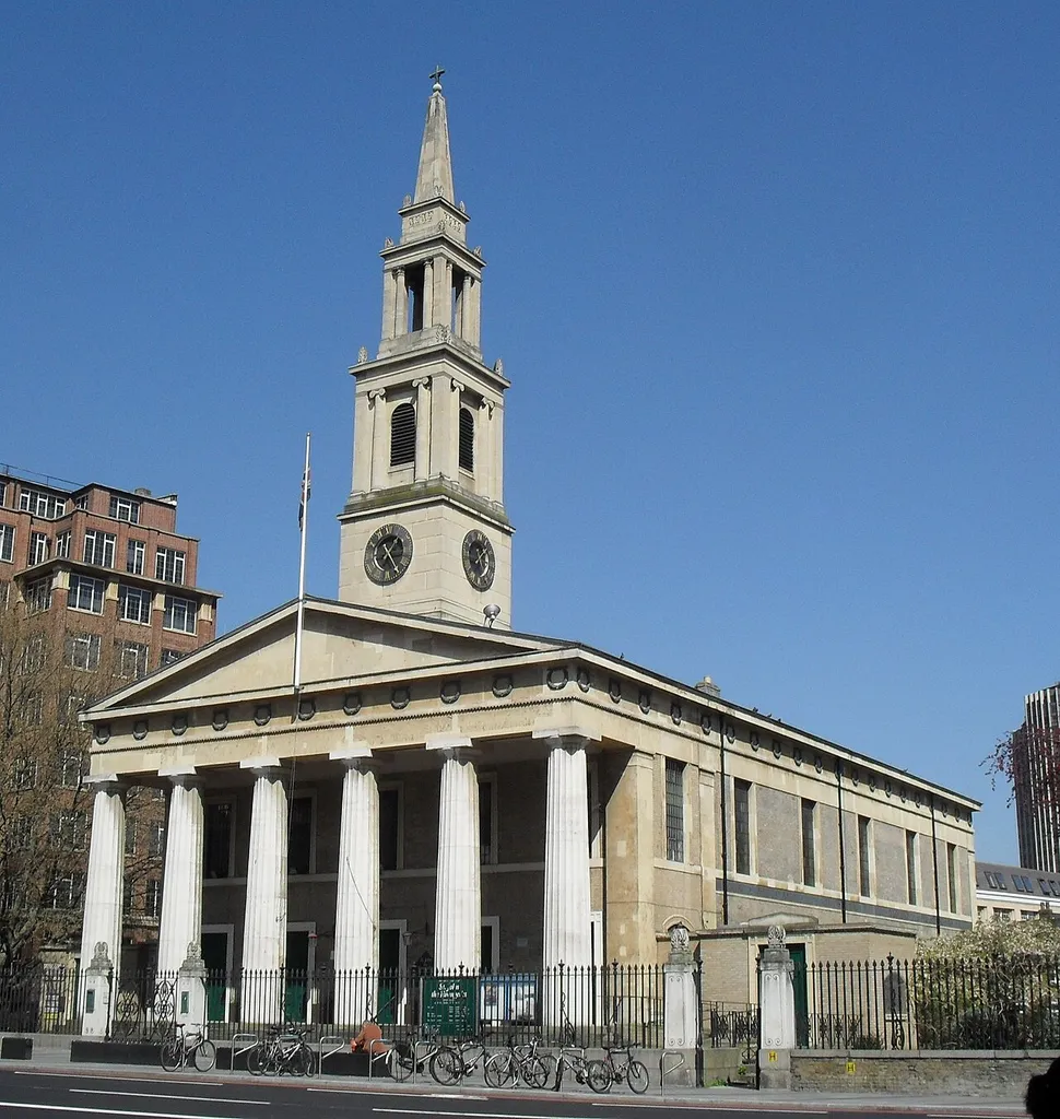 St John's Church, Waterloo Road, London SE1, England. A Commissioners' Church built by Francis Bedford in 1823–24. Listed at Grade II* by English Heritage (IoE Code 204772)
