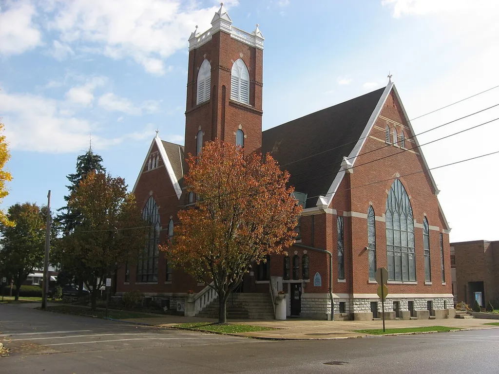 Front and western side of St. Paul Methodist Episcopal Church, located at 426 N. Morgan Street in Rushville, Indiana, United States. Built in 1887, it is listed on the National Register of Historic Places.