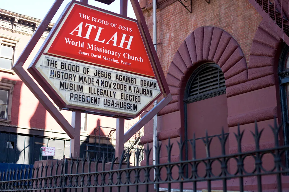 Sign outside the Atlah church in Harlem, New York