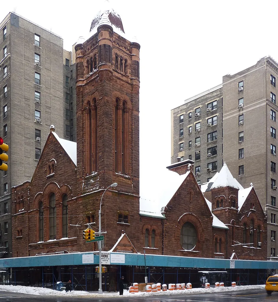Looking northeast across 86th St and Amsterdam Av at the West-Park Presbyterian Church (1889), Upper West Side, designed by Henry F. Kilburn.