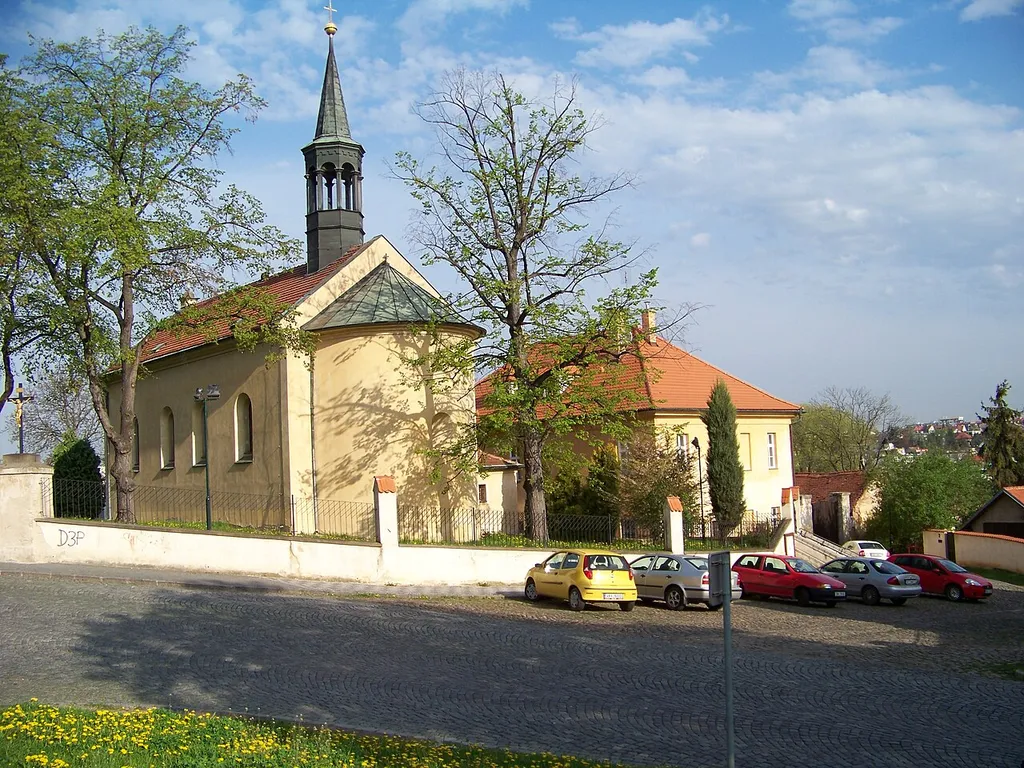Hostivař, Prague, the Czech Republic. Selská street, a church and a rectory.