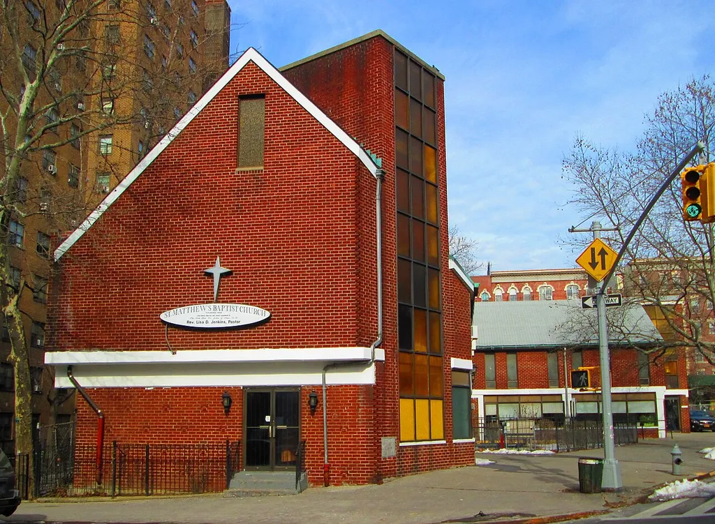 St. Matthew's Baptist Church at 43 Macombs Place on the corner of West 151st Street in the Harlem neighborhood of Manhattan, New York City, was designed in 1963 by Donald F. White and was dedicated in 1967. The St. Matthew's congregation dates from 1925. (Source: From Abyssinian to Zion (2004))