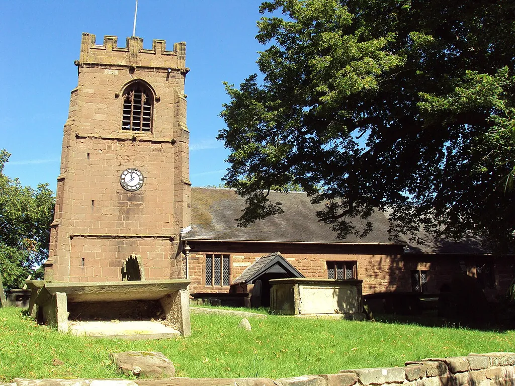 St Michael's church, Shotwick, Wirral, Cheshire, England as seen from Green Lane West footpath.