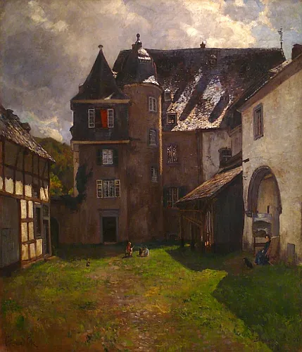 Burghaus Dalbenden mit der Künstlerfamilie, Öl auf Leinwand, 97 x 81 cm, signiert »Fritz von Wille«, bezeichnet und datiert »Burghaus Dalbenden 1907«