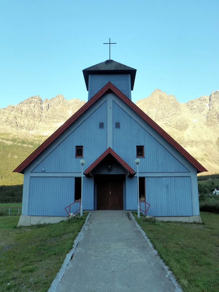 Lakselvbukt Church, in Lakselvbukt, Tromsø, Troms, Norway. Front view.