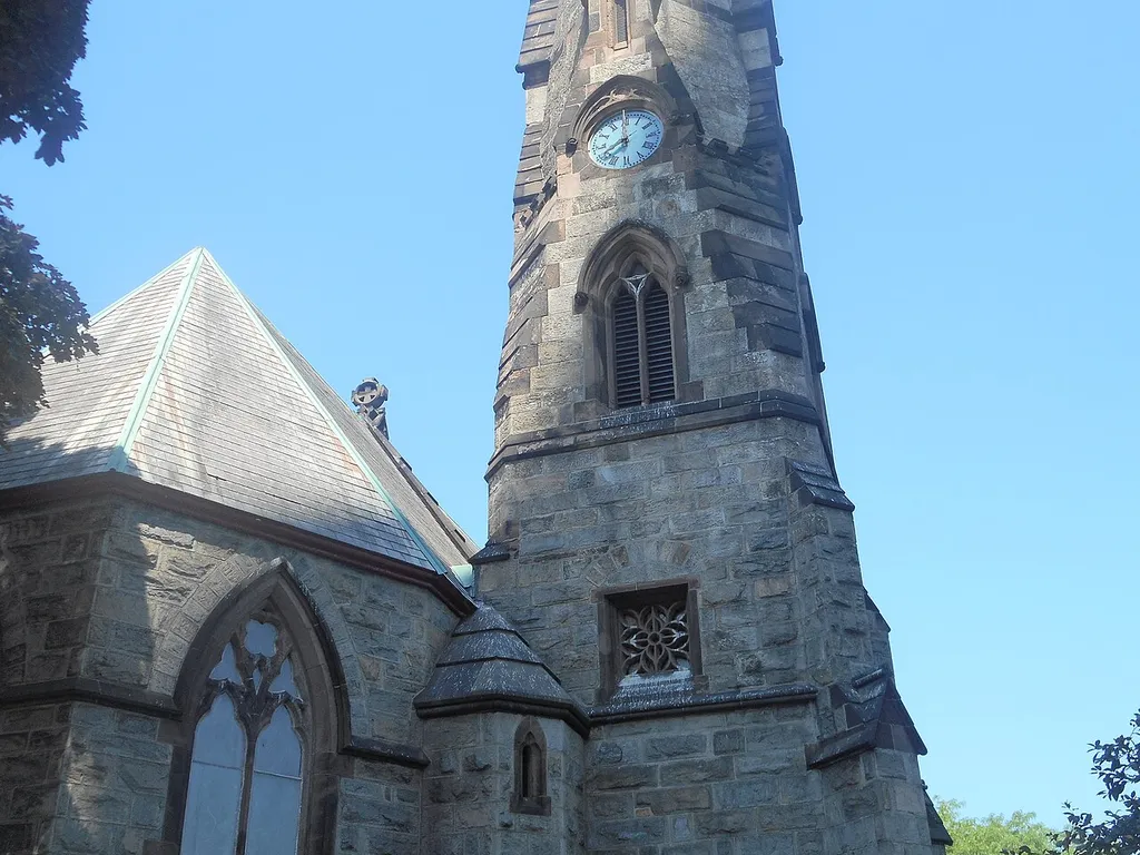 Shot of the clock tower at the Trinity Saint Paul's Episcopal Church on the northwest corner of Huguenot Street (southbound US 1) and Division Street, in New Rochelle, New York.