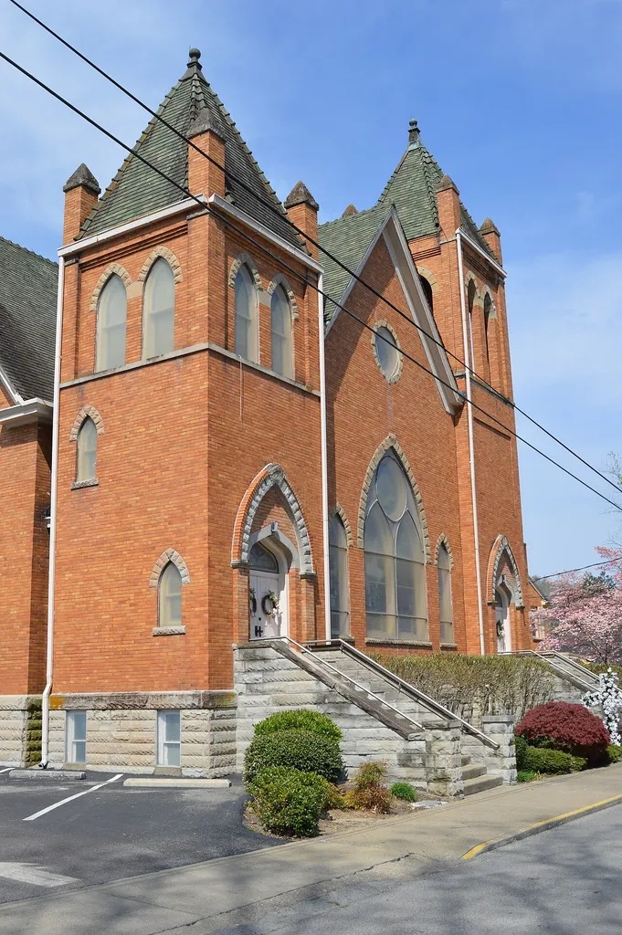 Front of the Prestonsburg Methodist Church, located at 256 S. Arnold Avenue in Prestonsburg, Kentucky, United States. Built in 1917, it is listed on the National Register of Historic Places.