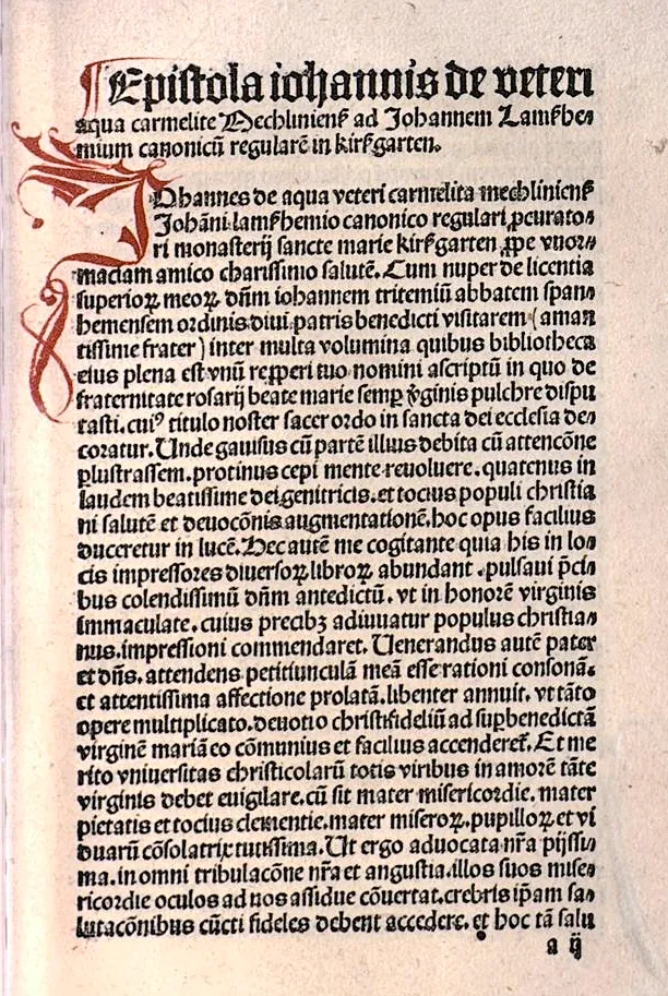 Inkunabelseite, Brief des Theologen Johannes Oudewater an den geistlichen Schriftsteller Johannes von Lambsheim, Augustiner-Chorherr im Kloster Kirschgarten, Worms, 1495 (aus Lambsheims Buch: De fraternitate rosarii)