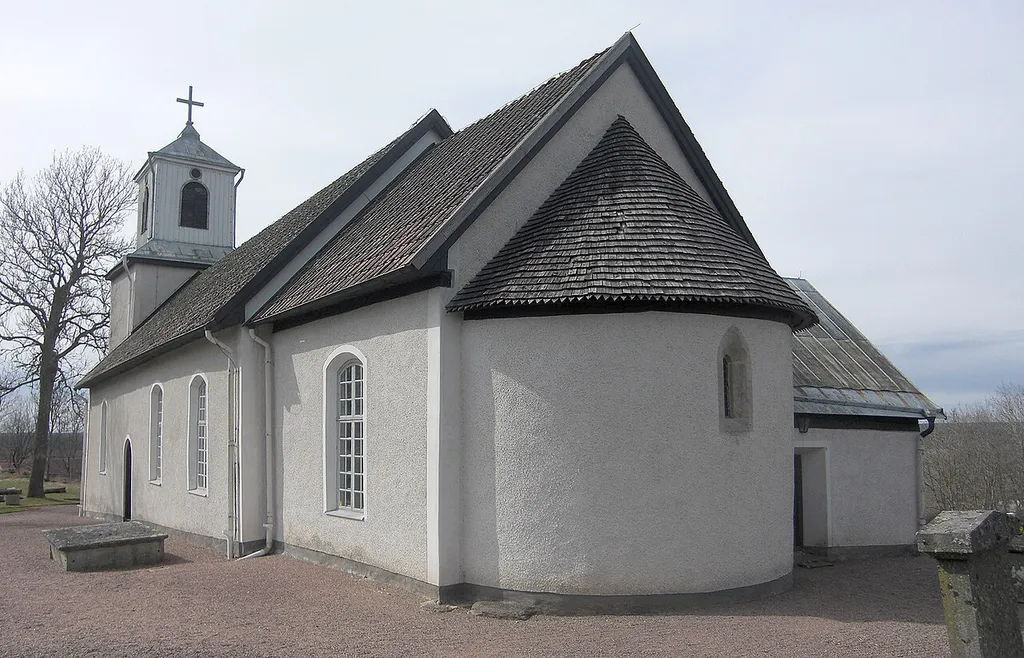 Vilske-Kleva church is 12th Century church in romanesque style in the Diocese of Skara, Sweden (or Vilske-Kleva parish, Vilske hundred, Västergötland, or Falköping Municipality, Västra Götaland). Exterior view.