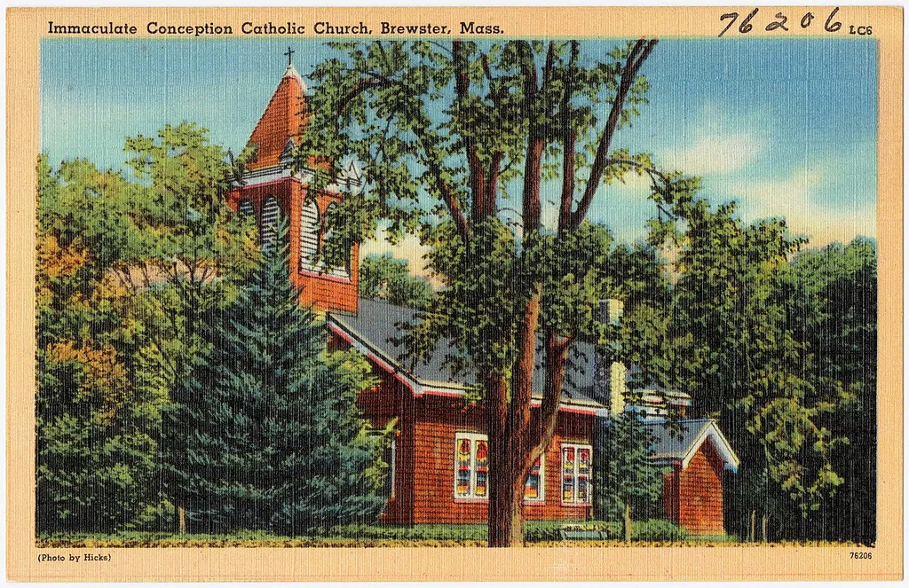 Title: Immaculate Conception Catholic Church, Brewster, Mass. Subjects: Churches Places: Massachusetts > Barnstable (county) > Brewster Notes: Title from item. Extent: 1 print (postcard) : linen texture, color ; 3 1/2 x 5 1/2 in. Accession #: 06_10_000176