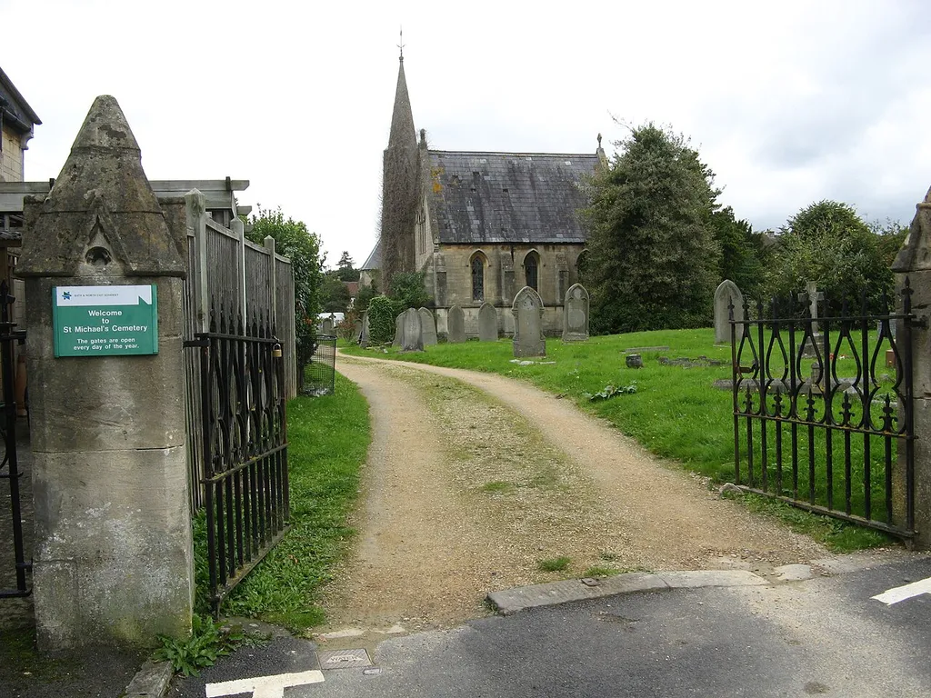St Michael's Cemetery, Bath, from just outside the entrance. It contains two Gothic cemetery chapels,[1] one of which can be seen.