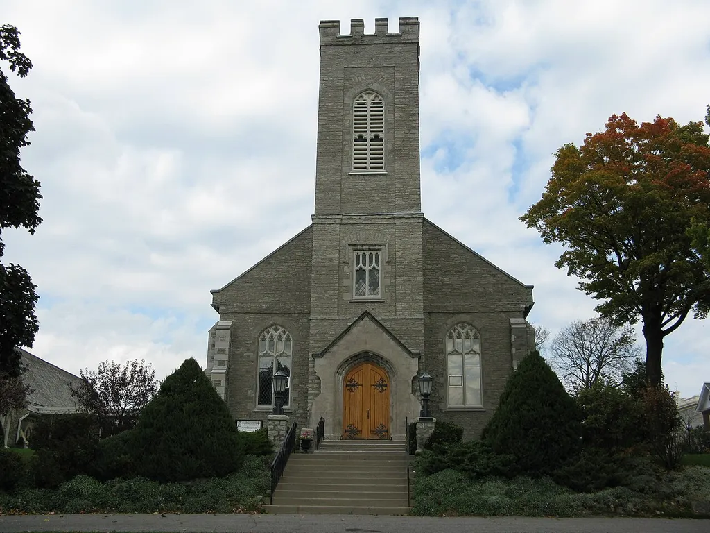 118 Hunter Street West, Peterborough, Ontario, Canada. St. John the Evangelist Anglican Church. Oldest church in Peterborough, erected 1836. First minister was Rev. Samuel Armour.