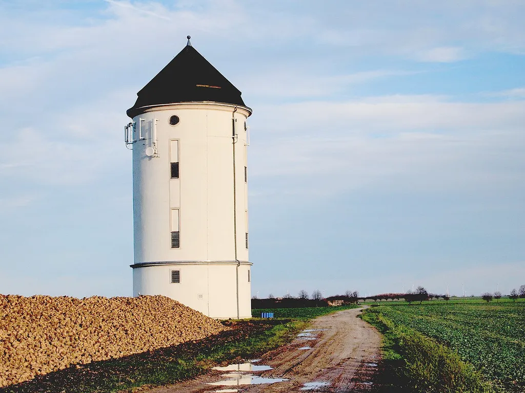 Der 1935 erbaute Wasserturm von Crölpa-Löbschütz hat ein Fassungsvermögen von 200 m³ Trinkwasser. Bearbeitete Dateiversion.