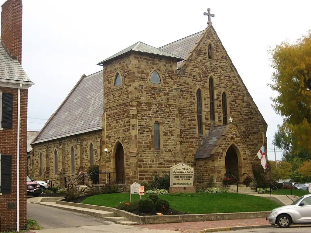 Front of Saint Philip's Episcopal Church, located at 129 W. Mound Street in Circleville, Ohio, United States. Built in 1866, the church is listed on the National Register of Historic Places.
