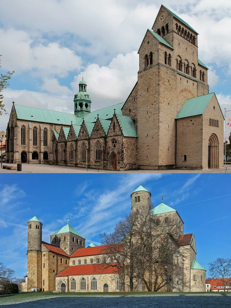 Collage of the two churches making up the UNESCO World Heritage Site of St Mary's Cathedral and St Michael's Church at Hildesheim. Hildesheimer Dom (St. Mary's) on top and St. Michael's below.