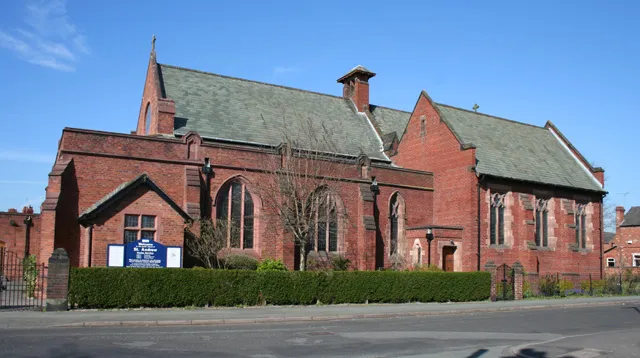 St Andrew's parish church, Bedford Street, Crewe, Cheshire, seen from the southwest. The present building was begun in 1932 and completed in 1965.