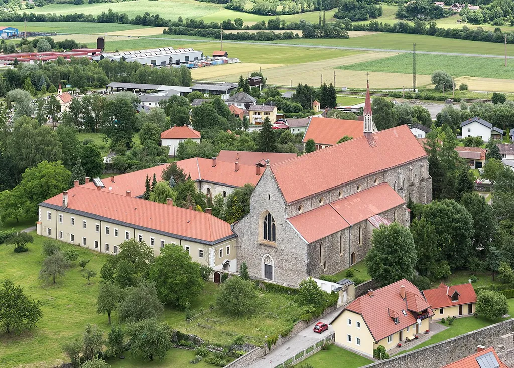 View from Petersberg at the church Saint Nicholas and the monastery of the Dominicans on Stadtgrabengasse #5, municipality Friesach, district Sankt Veit an der Glan, Carinthia, Austria, EU