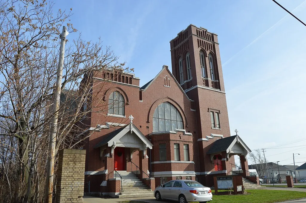 Front and northern side of St. John's AME Church, located at 2261 E. 40th Street in Cleveland, Ohio, United States. Built in 1908, it is listed on the National Register of Historic Places.