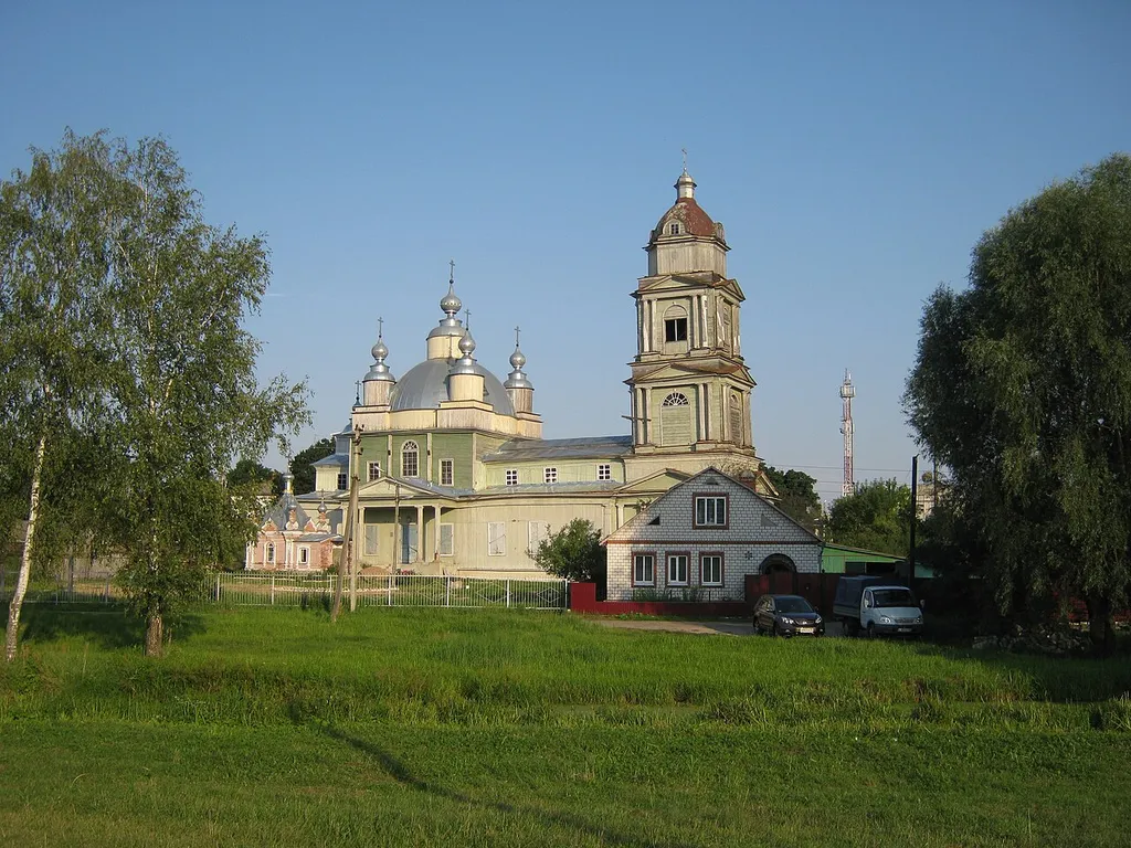 This is Nikolsko-Rozhdestvenskaya church. The address is 41, Naberezhnaya street, Novozybkov.
