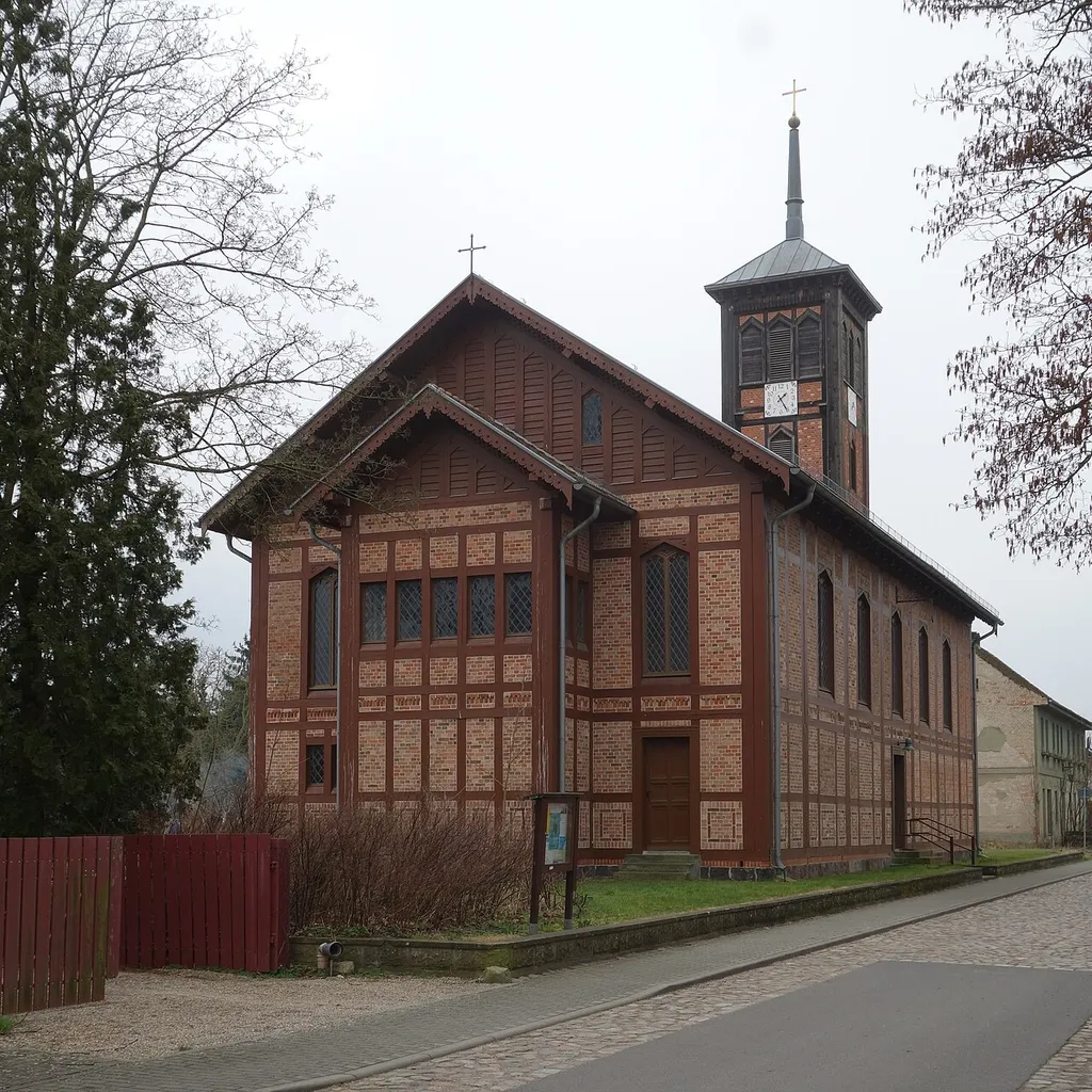 North-eastern view of the church in Zerpenschleuse, Wandlitz municipality, Barnim district, Brandenburg state, Germany.