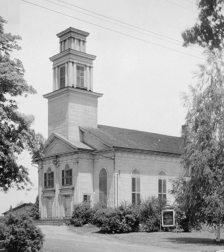 Front and side of the Claridon Congregational Church, located along U.S. Route 322 at Claridon in Claridon Township, Geauga County, Ohio, United States. Built in 1831, it is listed on the National Register of Historic Places.