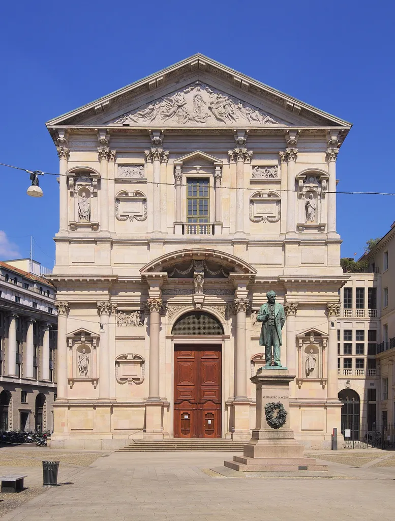 Facade of San Fedele, with the Monument to Alessandro Manzoni, Milan.