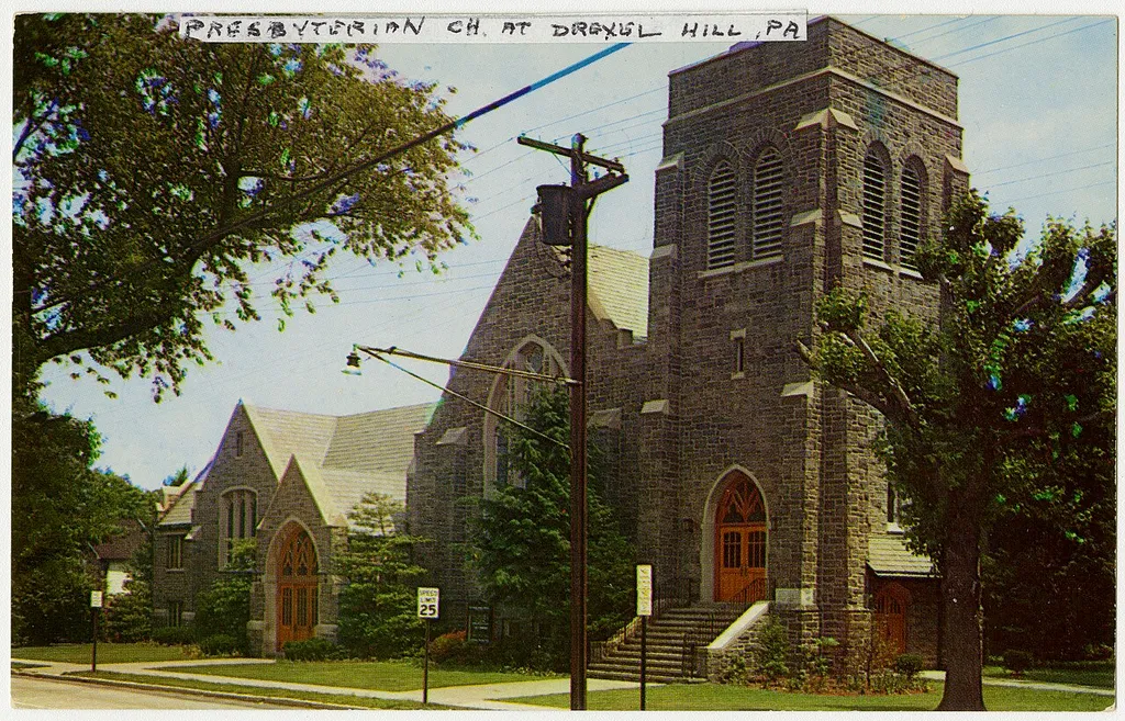 Presbyterian church in Drexel Hill, Pennsylvania from a pre-1923 postcard From RG 428, Postcard Collection, Presbyterian Historical Society, Philadelphia, Pennsylvania.