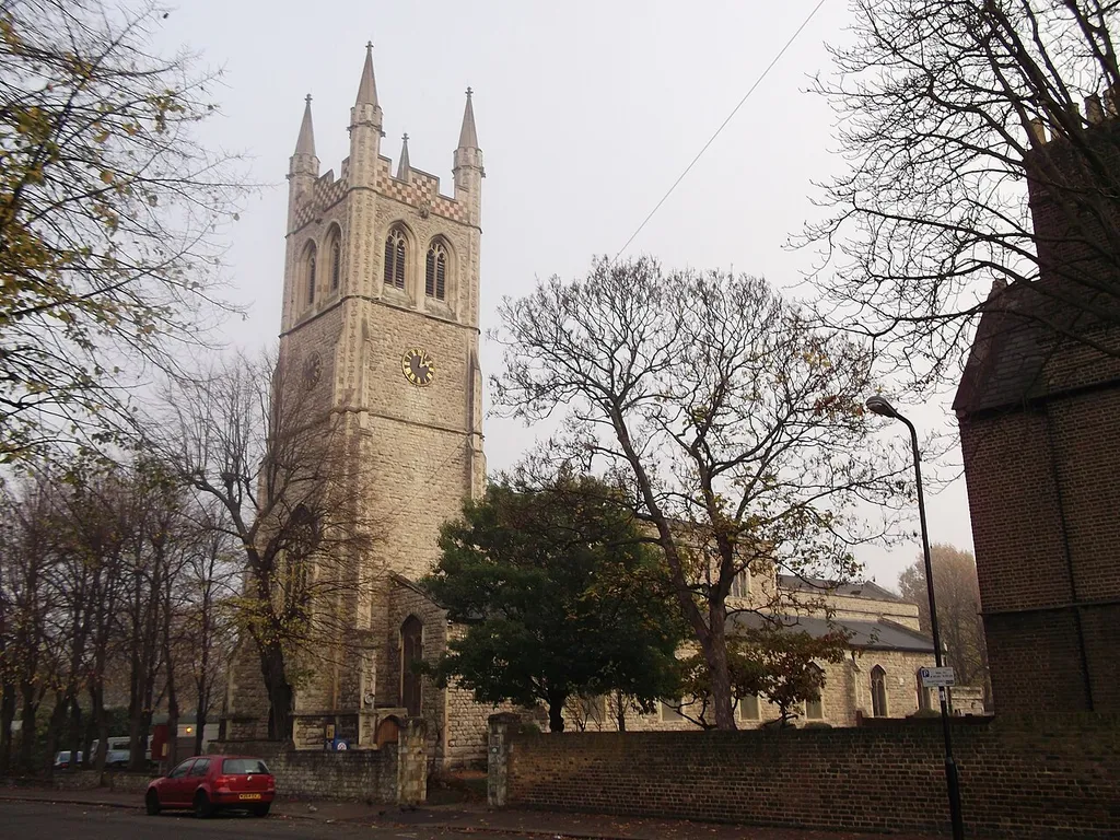 Parish church of St John the Evangelist, Angell Road, London SW9, seen from the southwest