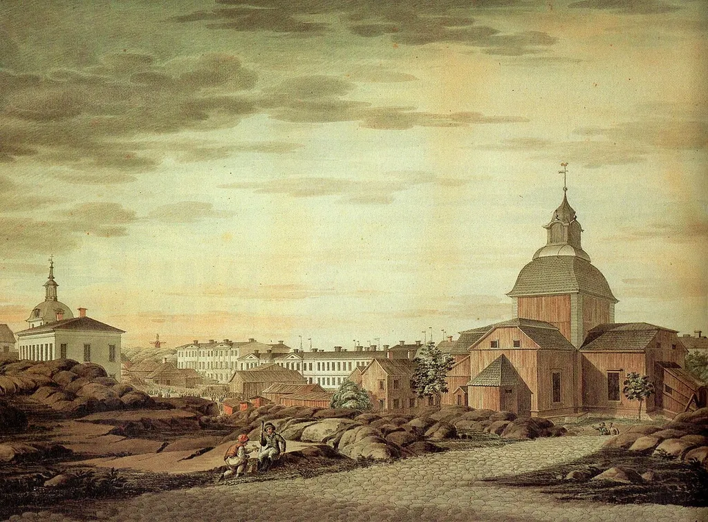 Watercolor painting of the old Main Square in Helsinki by Carl Ludvig Engel, later changed to Senate Square according to his plans. The view is from where the National Library is now located. Ulrika Eleonora Church is visible on the right. Newly renovated facades of the Helsinki center's buildings can be seen in the background.