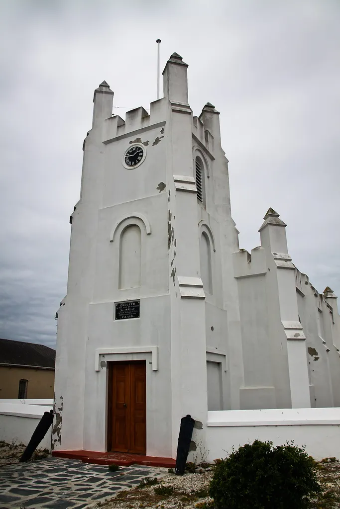 Garrison Church, the oldest extant building on Robben Island erected in 1841. Inscription: "Erected in the year of our Lord 1841 by Captain Richard Wolfe commandant of the island"