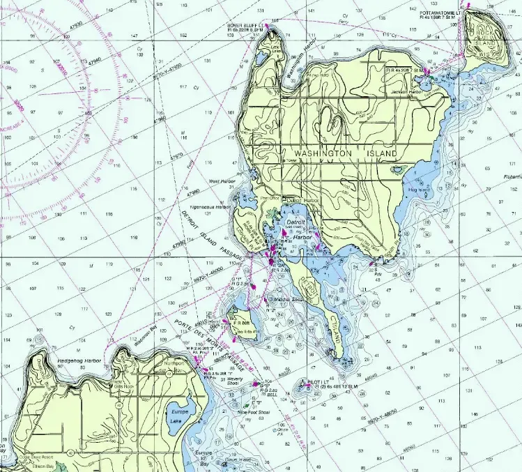 Detail of NOAA Chart # 14909 showing Porte des Morts Passage and Washington Island (Wisconsin). Not sufficient for purposes of navigation.