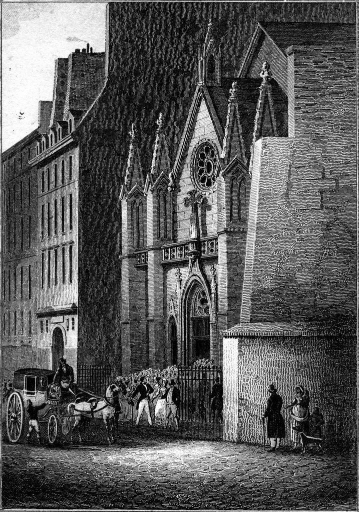 L'ancien bâtiment de l'église anglicane St Michael à Paris, rue d'Aguesseau (eau-forte, imprimerie Hadingue, 53 rue de Seine)