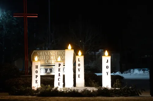Outdoor advent wreath lit each night during the Christmas Season.