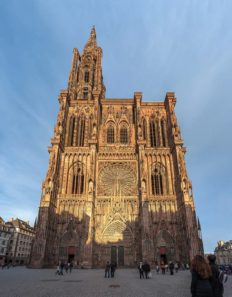 Strasbourg Cathedral in Alsace, France, as viewed from the west from Rue Mercière.