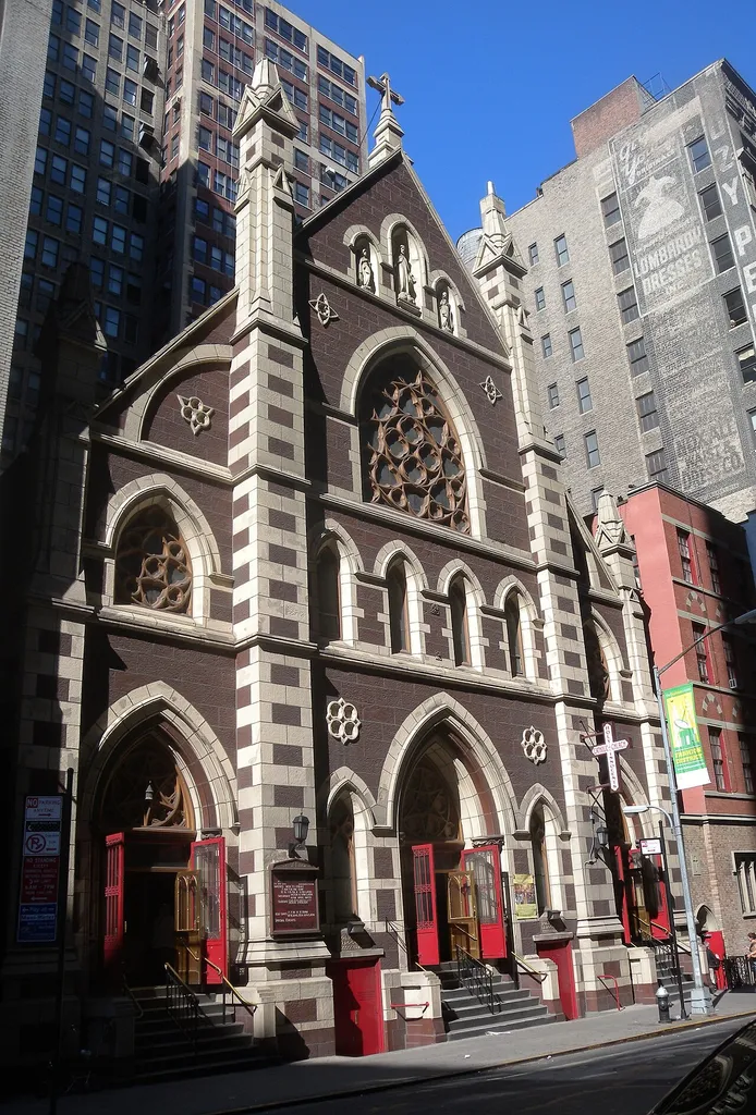 Looking west across 37th Street at Holy Innocents church, 126 W37th, on a sunny morning.