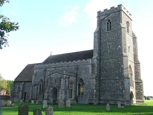Nave, west tower and north porch of St Peter's parish church, Felsham, Suffolk, seen from the northwest