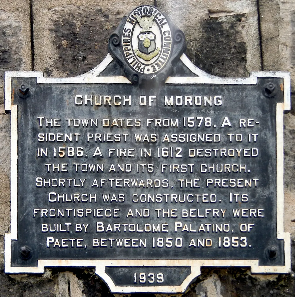 Historical marker created by the Philippines Historical Committee in 1939 to commemorate Morong Church