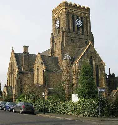 Front of St John's Church Ealing (St John With Saint James Parish) on Mattock Lane in West Ealing, London, United Kingdom. It is a Grade II listed building.